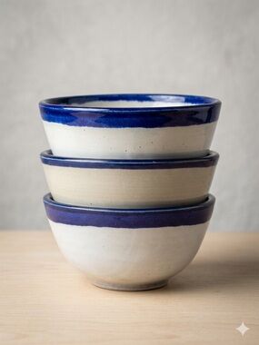 VTG Japanese Studio Pottery Bowls - Set of 3 Cobalt Blue Rim Speckled Stoneware